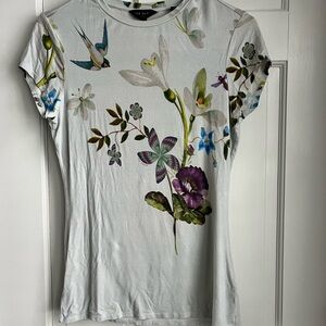 Ted Baker Light blue/grey Floral and Bird Print Women's Top